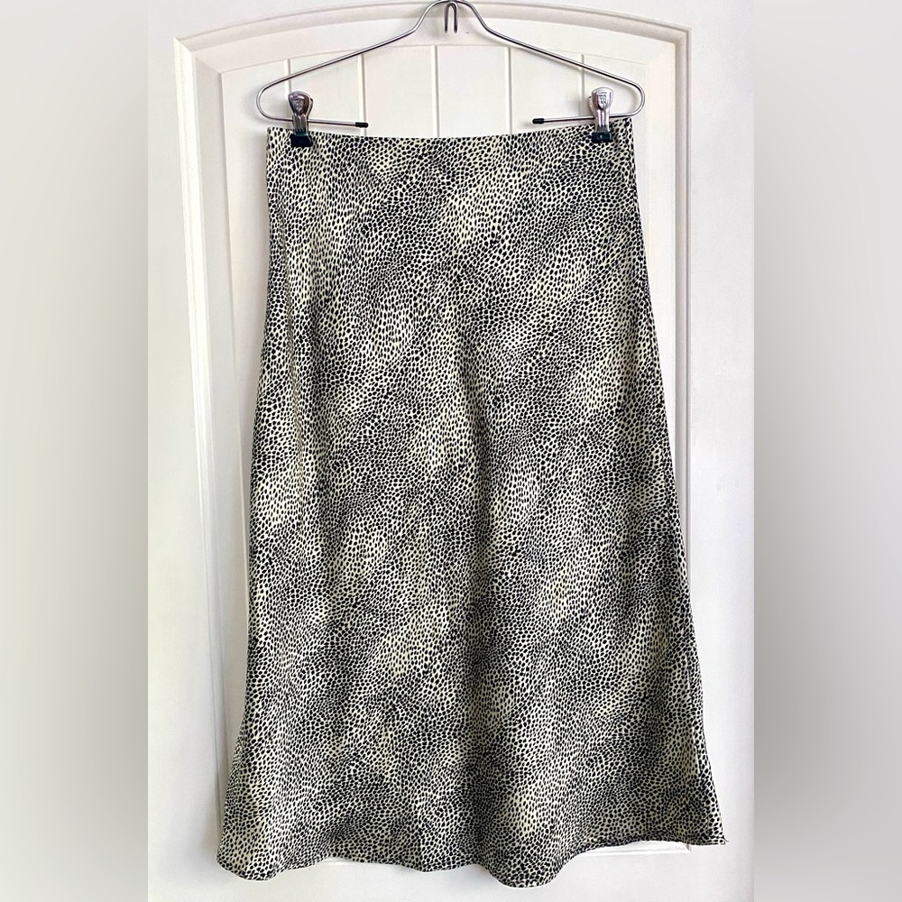 William B Satin Black & Cream Mini Leopard Animal Print A Line Midi Skirt Medium